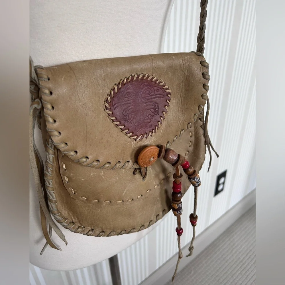 Vintage 70s Southwest Green Leather Crossbody Bag Hand Tooled Braided Handle